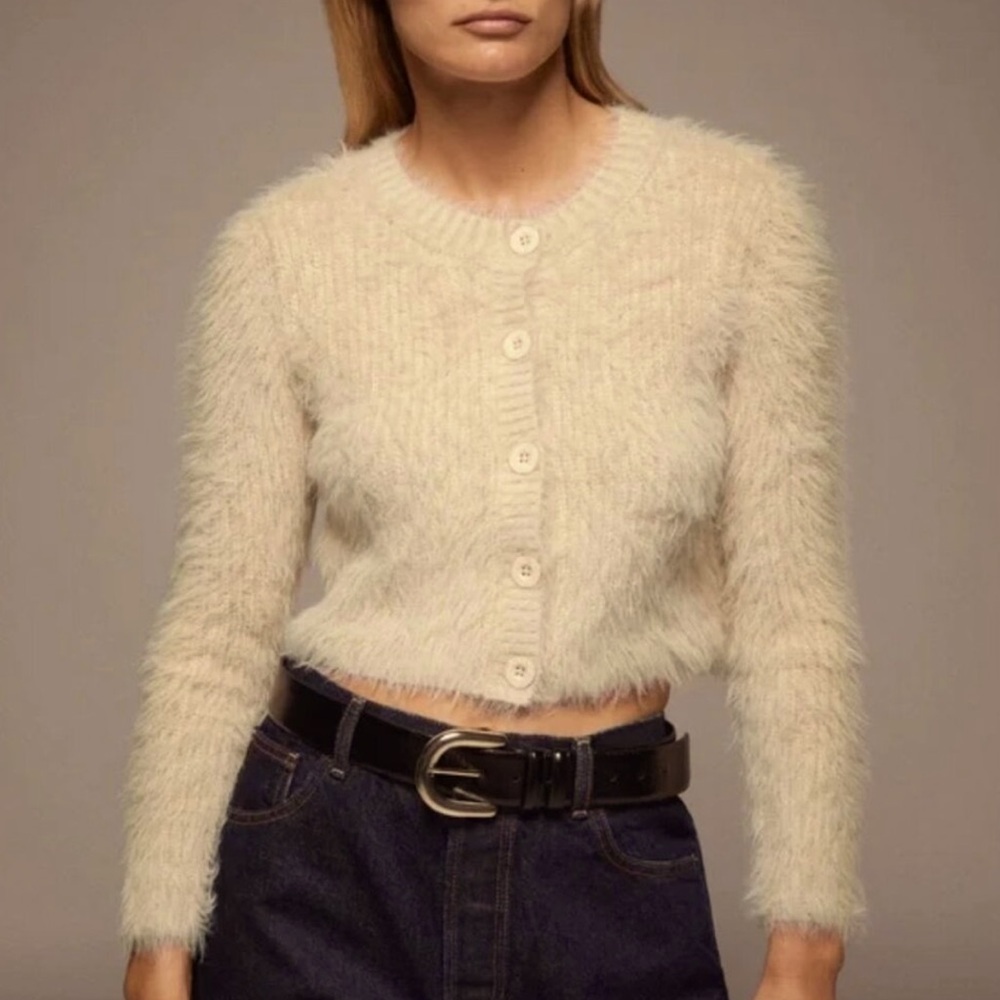 ZARA Fuzzy Cream/Tan Cardigan Size S